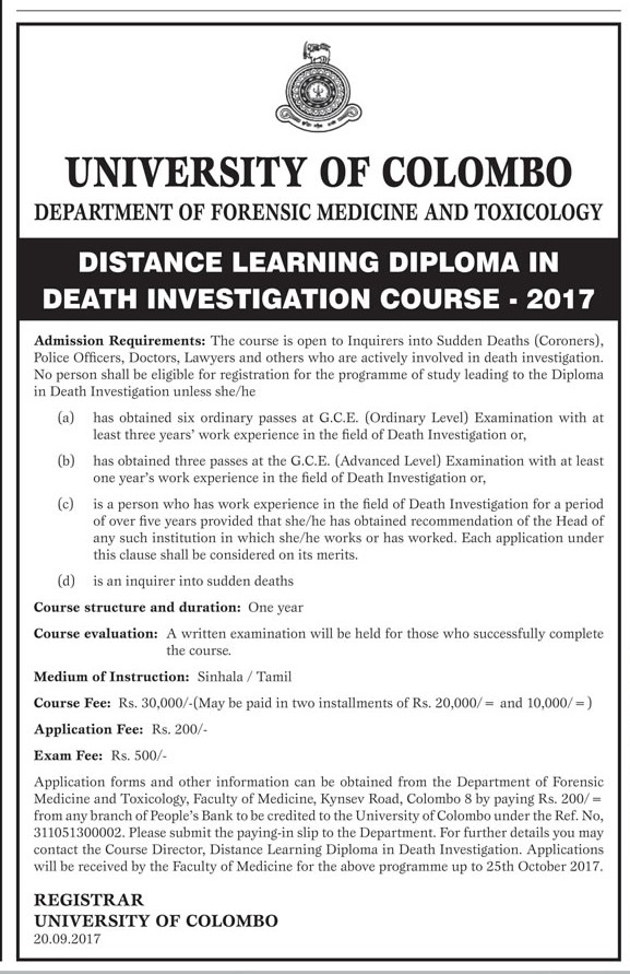 Distance Learning Diploma in Death Investigation Course (2017) - Department of Forensic Medicine & Toxicology - University of Colombo